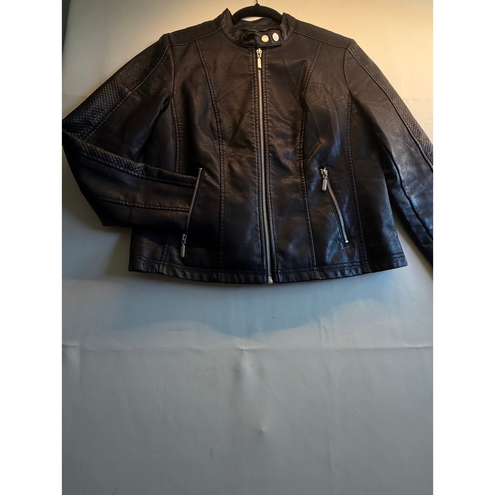 Baccini Womens Black Faux Leather Moto Jacket Textured Sleeve Size Medium
